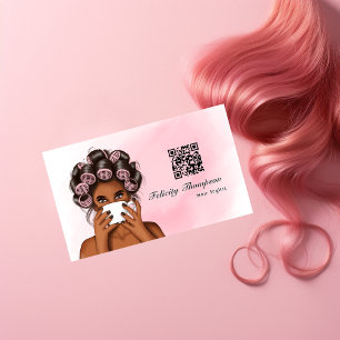 Carte De Visite Code QR de coiffeur rose chic