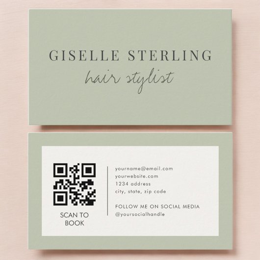 Carte De Visite Code QR de coiffeur vert sauge