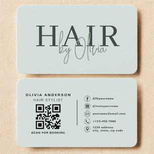 Carte De Visite Code QR de coiffeur vert sauge moderne