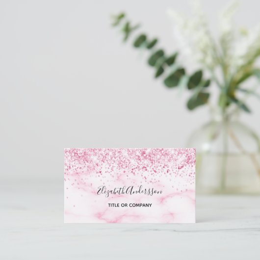 Carte De Visite Code QR de confetti en marbre rose (Debout devant)