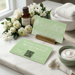 Carte De Visite Code QR de Conseiller en Soins de Peau Floral Vert