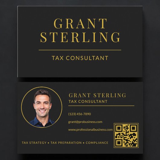 Carte De Visite Code QR de Conseiller Fiscal Noir Or