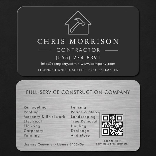 Carte De Visite Code QR de construction de bâtiment en argent méta