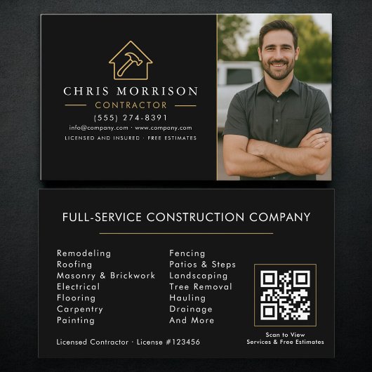 Carte De Visite Code QR de construction de bâtiment Photo Noir Or