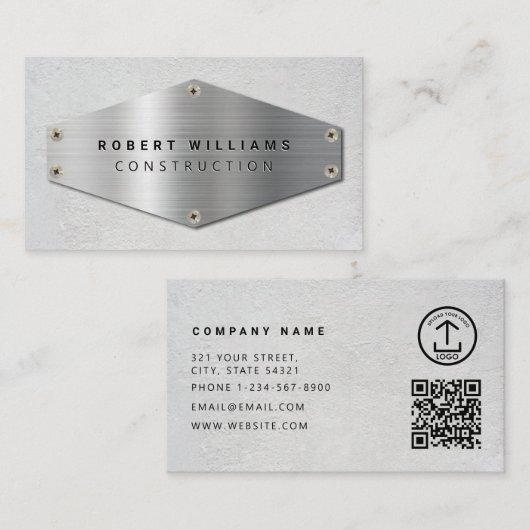 Carte De Visite Code QR de construction métallisé argent béton (Devant / Derrière)
