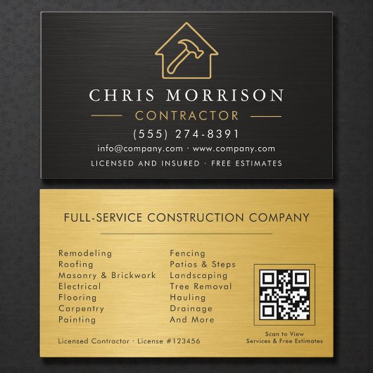 Carte De Visite Code QR de construction métallisé or noir