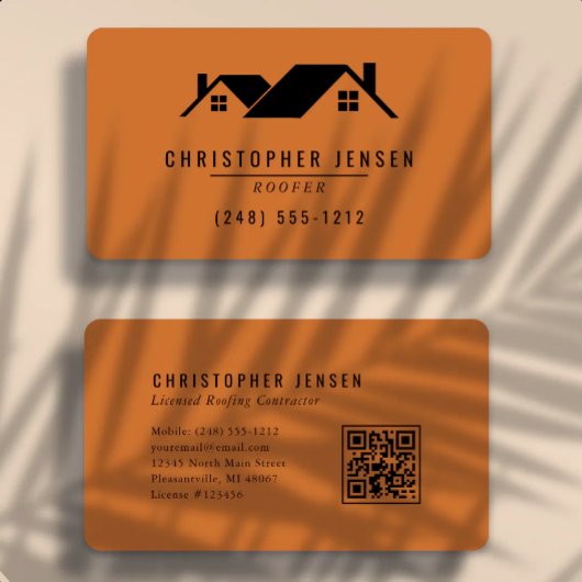 Carte De Visite Code QR de couvreur Orange Brûlé Arrondi
