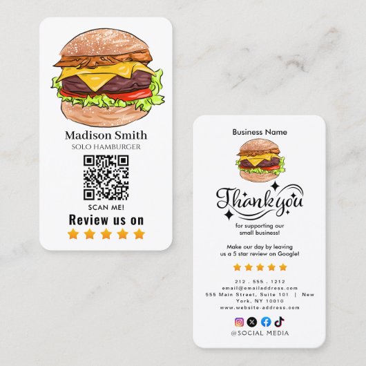 Carte De Visite Code QR de critique de hamburger (Devant / Derrière)
