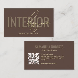 Carte De Visite Code QR de designer d'intérieur moderne marron