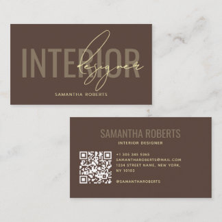 Carte De Visite Code QR de designer d'intérieur moderne marron