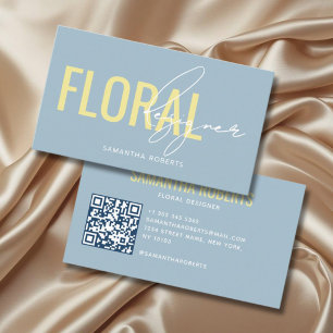 Carte De Visite Code QR de designer floral moderne bleu jaune