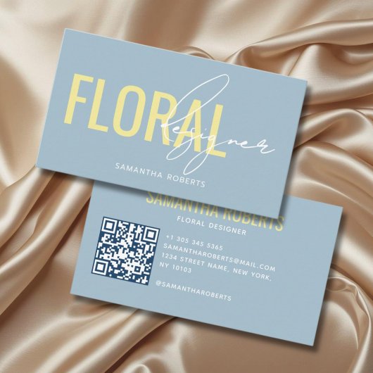 Carte De Visite Code QR de designer floral moderne bleu jaune