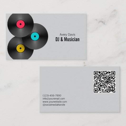 Carte De Visite Code QR de disque vinyle DJ Deejay Soirée Rétro (Devant / Derrière)