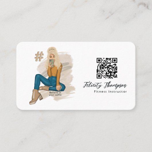 Carte De Visite Code QR de la fille selfie à la mode (Devant)