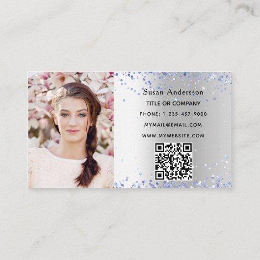 Carte De Visite Code QR de la photo bleu clair argenté (Dos)