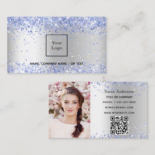 Carte De Visite Code QR de la photo bleu clair argenté (Devant / Derrière)