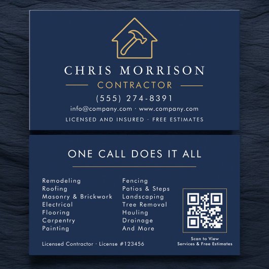 Carte De Visite Code QR de la société de construction Navy Blue