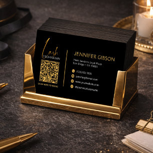 Carte De Visite Code QR de la technicienne en cils noir et or glam
