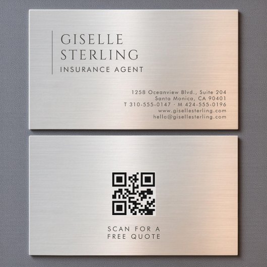 Carte De Visite Code QR de l'agent d'assurance en métal brossé