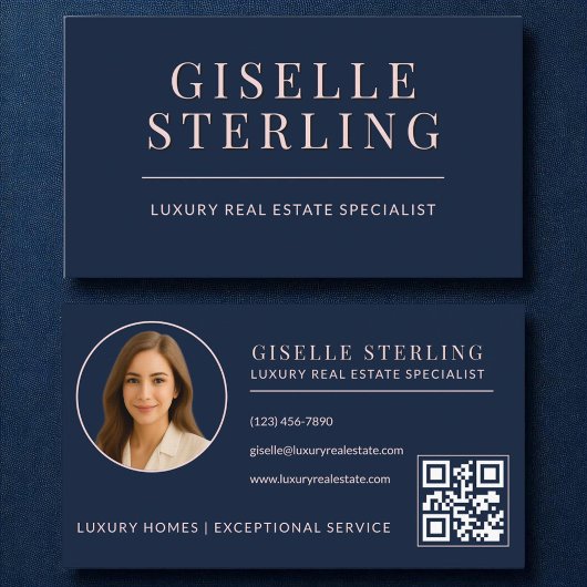 Carte De Visite Code QR de l'agent immobilier Blush Rose Navy Blue
