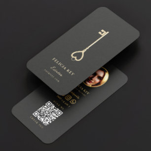 Carte De Visite Code QR de l'agent immobilier vintage Gold Key