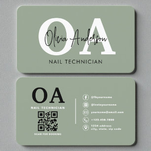 Carte De Visite Code QR de l'artiste en ongles Vert Sauge