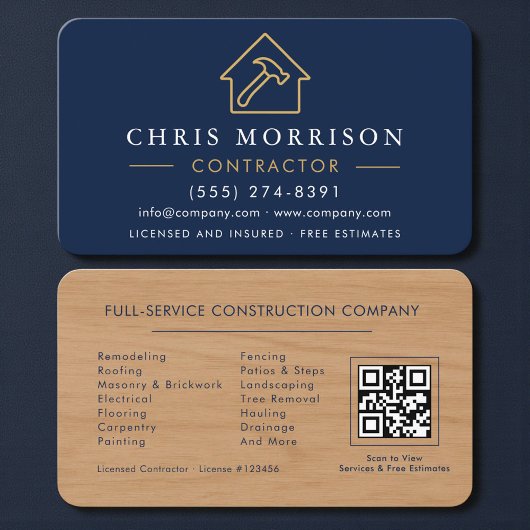 Carte De Visite Code QR de l'entrepreneur Bleu Marine Texture Bois