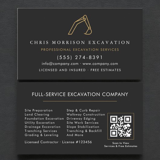 Carte De Visite Code QR de l'entrepreneur en construction et excav