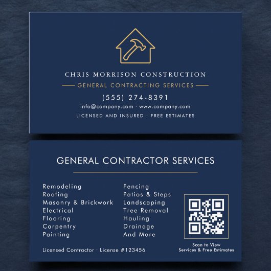 Carte De Visite Code QR de l'entrepreneur général Bleu Marine