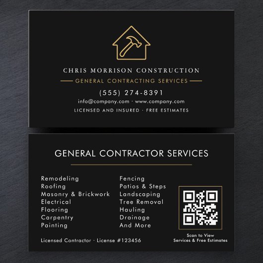 Carte De Visite Code QR de l'entrepreneur général moderne
