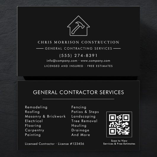 Carte De Visite Code QR de l'entrepreneur général Silver Black
