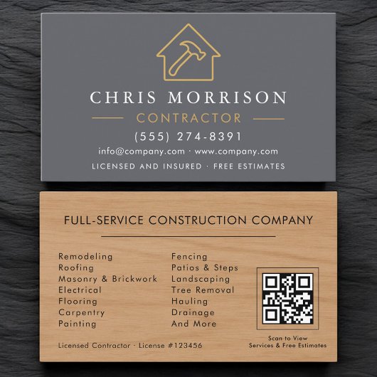 Carte De Visite Code QR de l'entrepreneur Grain de bois 