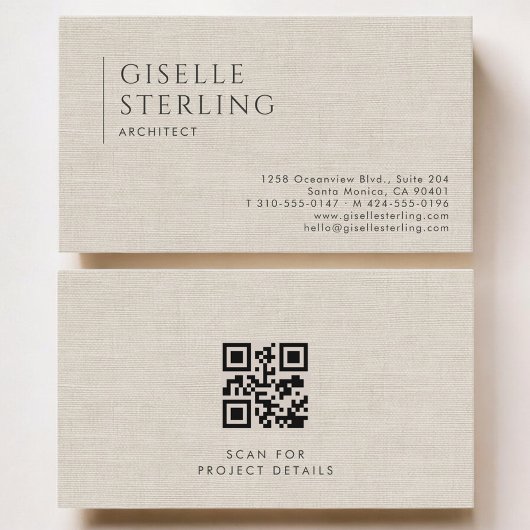 Carte De Visite Code QR de lin neutre de luxe pour architecte