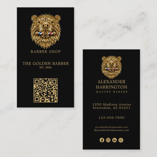 Carte De Visite Code QR de logo de salon de coiffure Golden Beaver (Devant / Derrière)