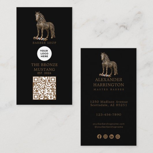 Carte De Visite Code QR de logo de salon de coiffure Mustang Bronz (Devant / Derrière)