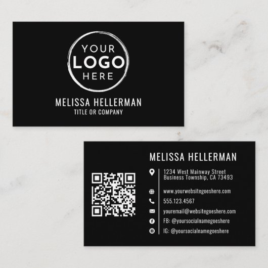 Carte De Visite Code QR de logo de société noir simple professionn (Devant / Derrière)