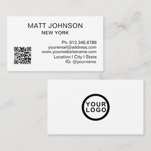 Carte De Visite Code QR de logo d'entreprise Moderne Blanc Entrepr (Devant / Derrière)