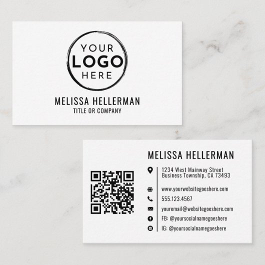Carte De Visite Code QR de logo d'entreprise simple et blanc profe (Devant / Derrière)
