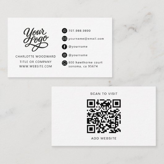 Carte De Visite Code QR de logo noir et blanc professionnel (Devant / Derrière)