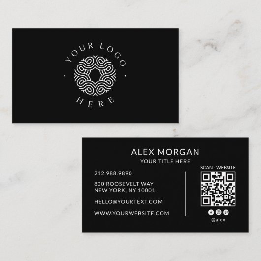Carte De Visite Code QR de logo noir moderne (Devant / Derrière)