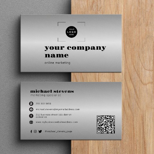 Carte De Visite Code QR de logo personnalisé moderne argent