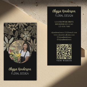 Carte De Visite Code QR de logo photo floral élégant marron et noi