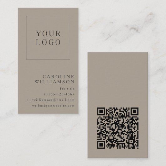 Carte De Visite Code QR de logo vertical minimal moderne taupe mar (Devant / Derrière)