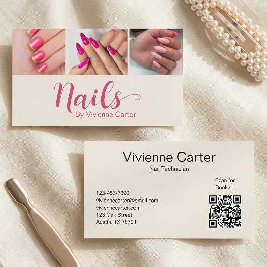 Carte De Visite Code QR de l'ongle de photo de script rose crème m