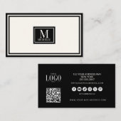 Carte De Visite Code QR de luxe avec monogramme moderne noir/ivoir (Devant / Derrière)