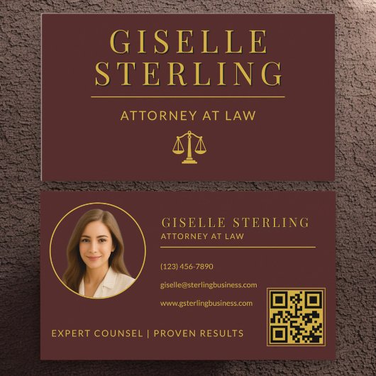 Carte De Visite Code QR de luxe bordeaux et or pour avocat