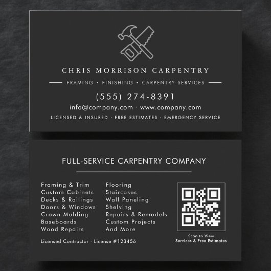 Carte De Visite Code QR de luxe Charpentier Menuiserie Noir Argent
