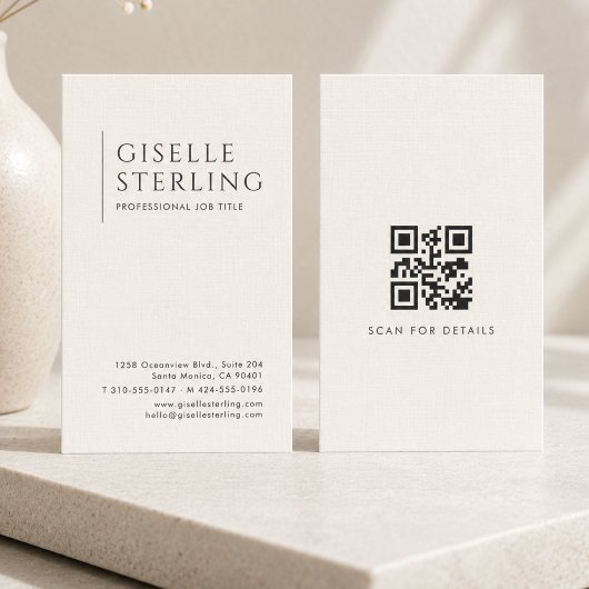Carte De Visite Code QR de luxe en lin ivoire naturel