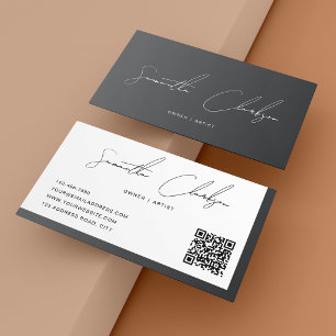 Carte De Visite Code QR de luxe moderne gris foncé écriture manusc