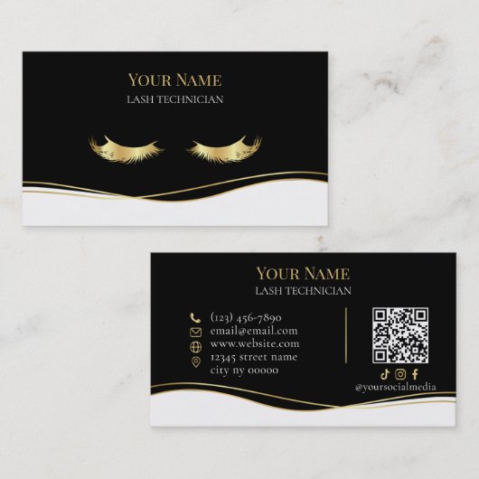 Carte De Visite Code QR de luxe Technicienne de cils Noir et Or (Devant / Derrière)